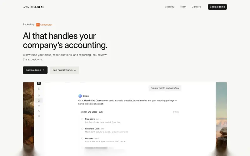 Billow AI homepage showing AI employees for finance and accounting teams