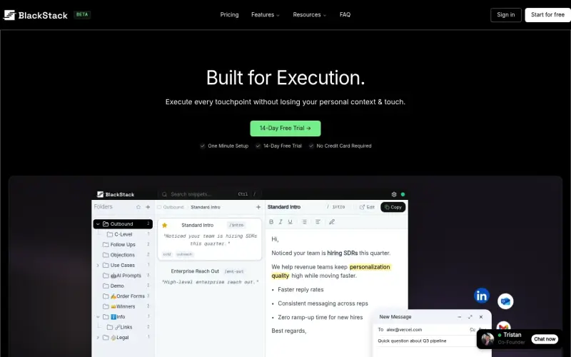 BlackStack homepage screenshot - Streamline your outreach with reusable message templates
