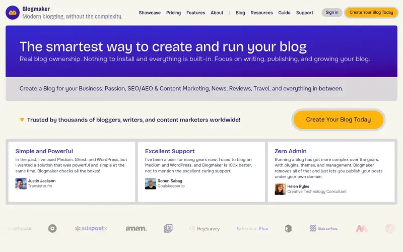 Blogmaker homepage showing Run a professional blog
