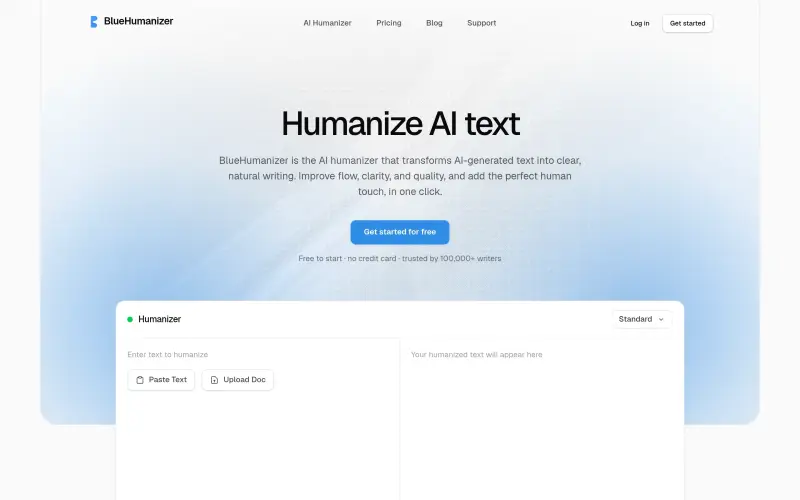 BlueHumanizer homepage showing Turn AI text into natural writing