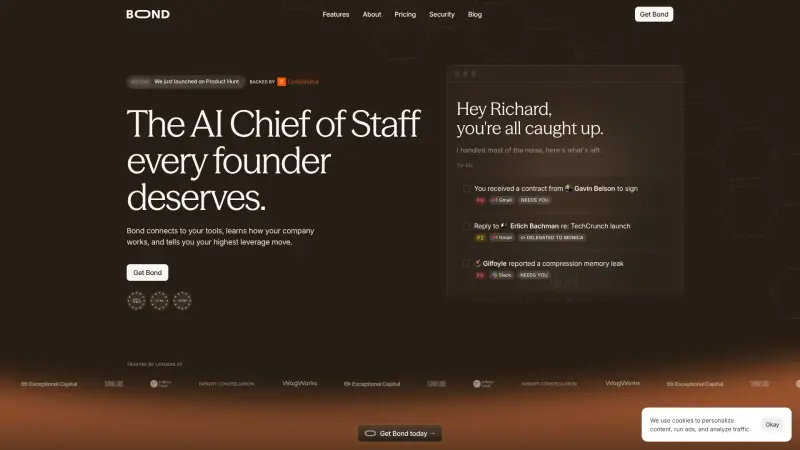 BOND homepage showing AI chief of staff for founders