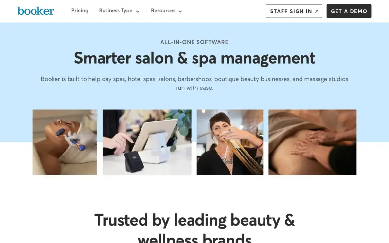 Booker homepage showing spa and salon bookings management