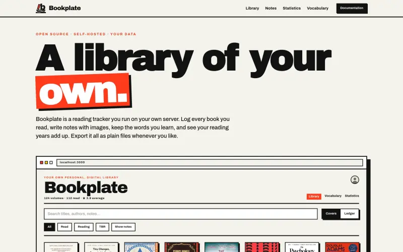 Bookplate homepage showing your reads, own your data tracking