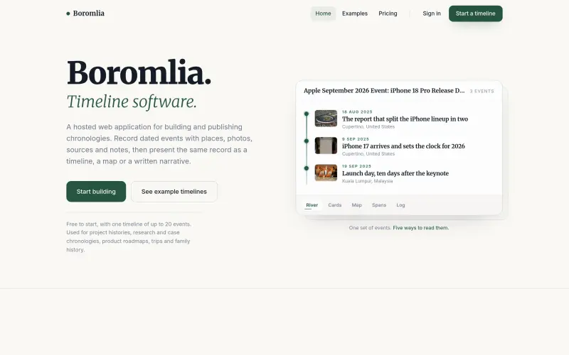 Boromlia homepage showing Build timelines from dated events, photos, then show as maps or narratives