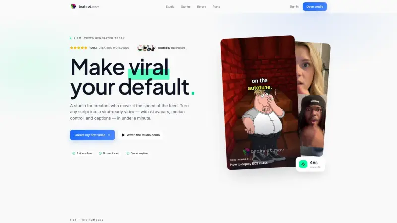 Brainrot.mov homepage screenshot - Create viral videos with AI-powered avatars and motion control