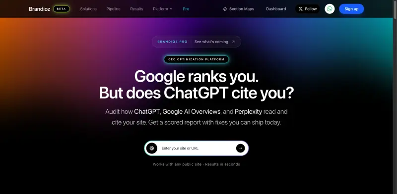 Brandioz homepage showing for AI search engines optimization