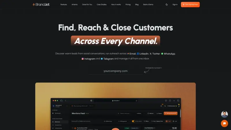 BrandJet AI homepage showing Multi-channel cold outreach with a unified inbox