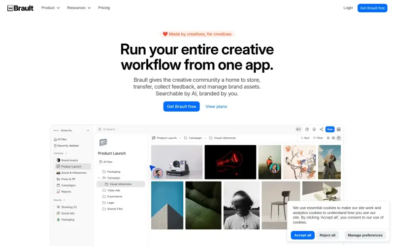 Brault homepage showing AI-powered creative asset management for teams