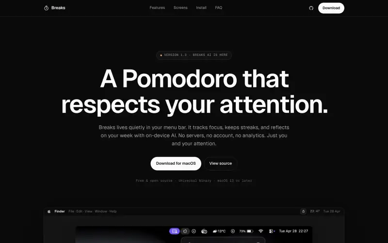 Breaks homepage screenshot - Boost focus with a quiet, menu-bar Pomodoro timer for macOS