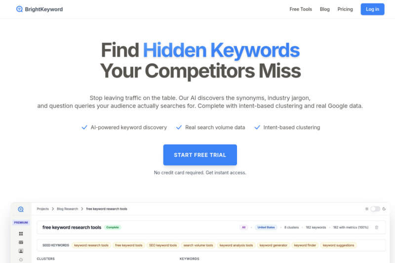 BrightKeyword homepage showing Maximize your SEO impact
