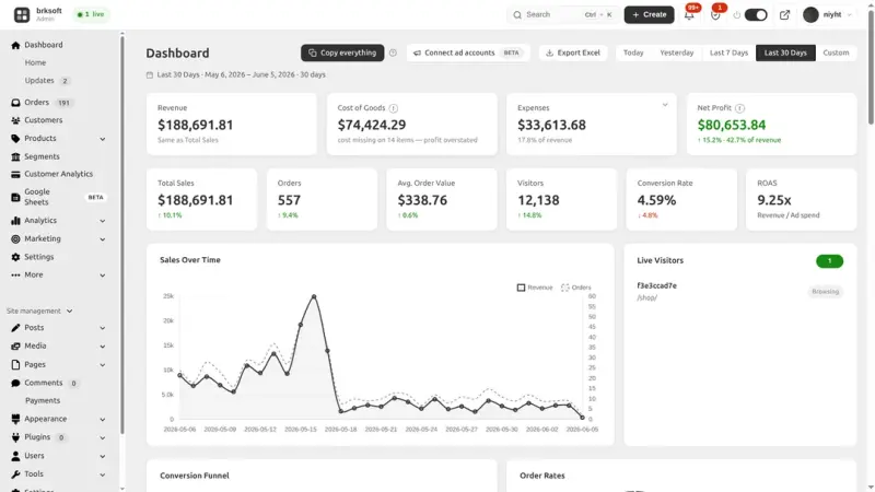 BrikPanel homepage showing Free WooCommerce dashboard with sales reports