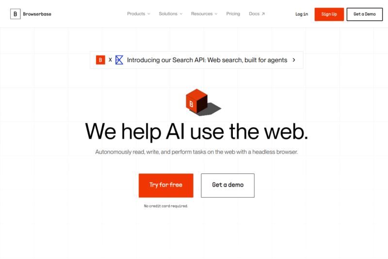 Browserbase homepage showing Empower your AI agents to interact with the web seamlessly, with Browserbase's