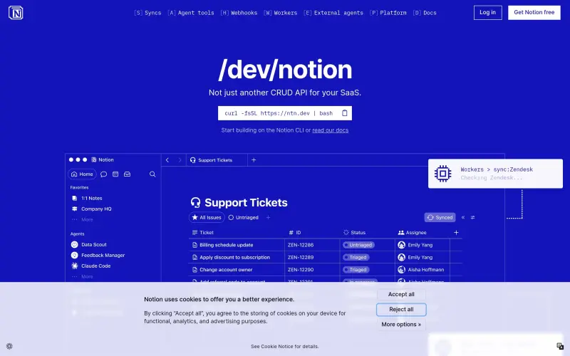 Build with Notion’s Developer Platform homepage screenshot - Unify data and tools in one platform, empowering teams to build and automate custom workflows