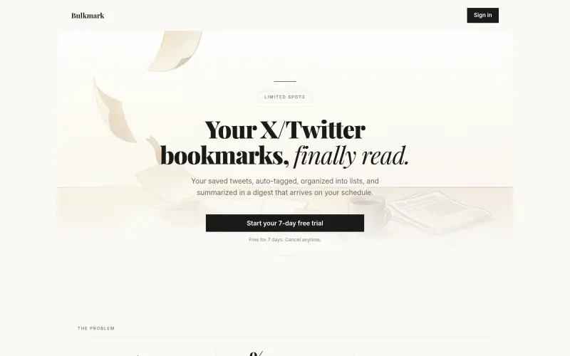 Bulkmark homepage showing AI-powered bookmark manager with weekly digest