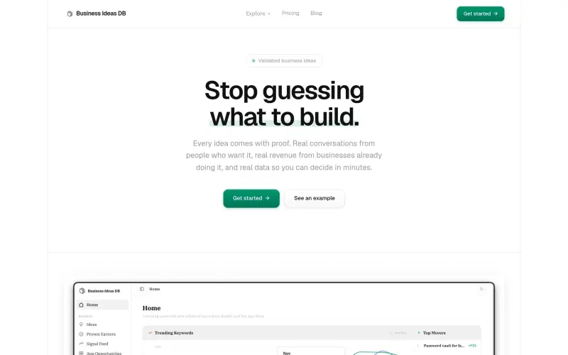 Business Ideas Database homepage showing Find business ideas with proof
