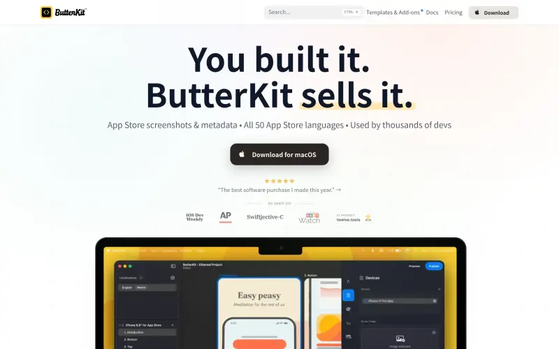 Butterkit homepage showing Create and localize App Store screenshots