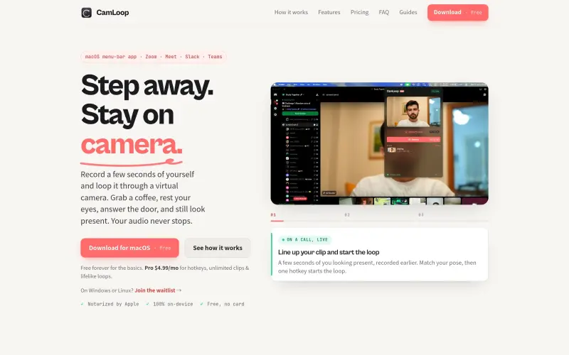 Camloop homepage showing Loop your video to step away