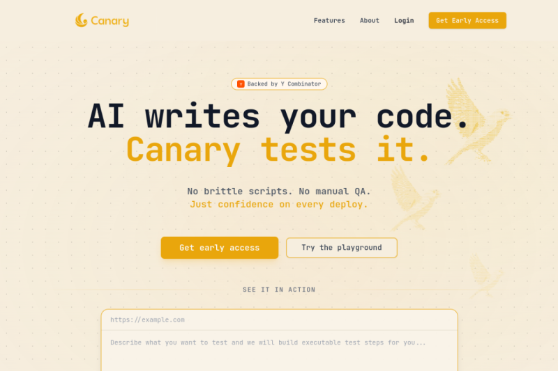 Canary homepage showing Streamline your development workflow