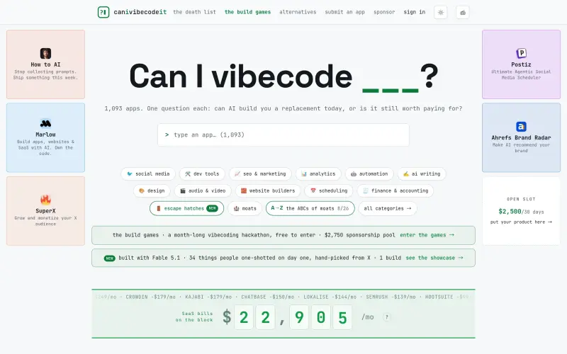 Canivibecodeit homepage showing AI Replacement Scoreboard: Honest Verdicts on 1093 Apps