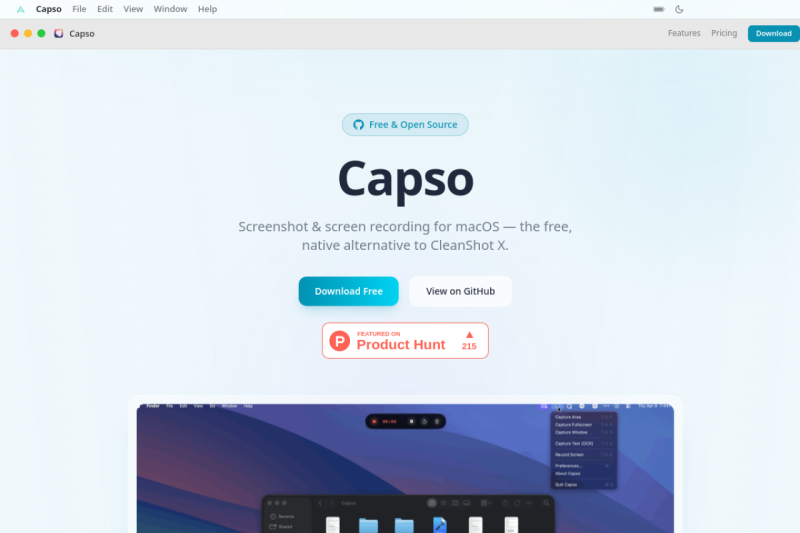 Capso homepage showing Elevate your workflow with a free, open-source screenshot and screen recording