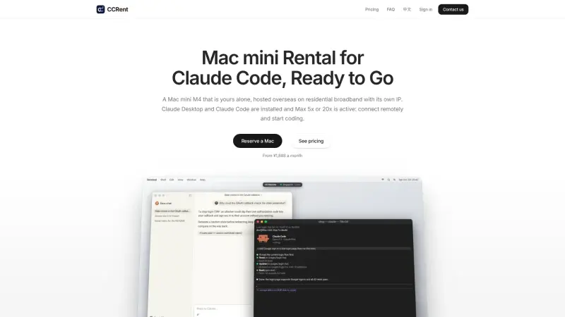CCRent homepage showing Mac mini rental for developers, with Claude Code and Desktop ready