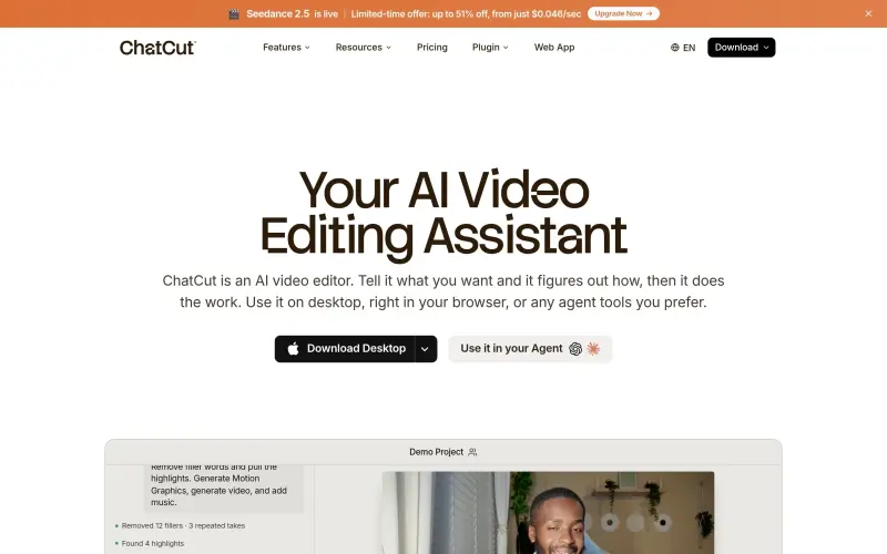 ChatCut homepage showing Prompt-driven AI video editor for talking heads and motion graphics