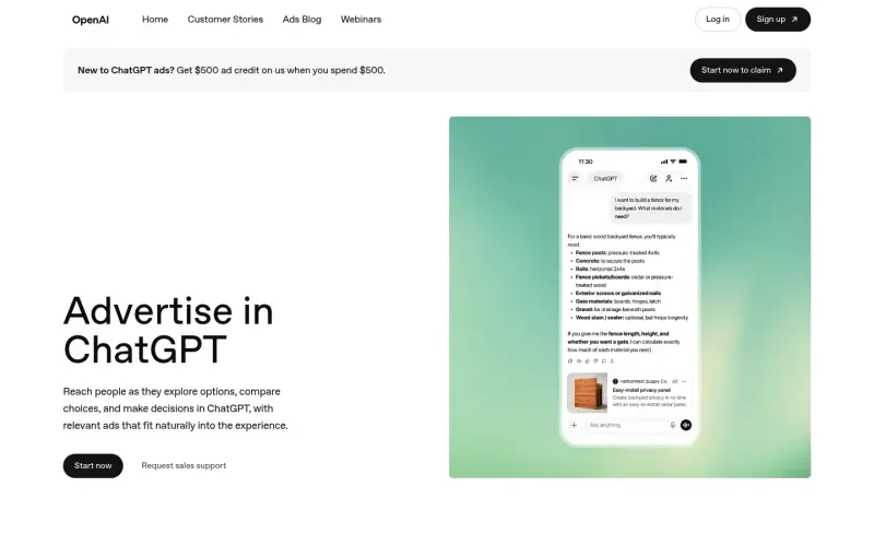 ChatGPT Ads Manager homepage showing Self-serve ads inside ChatGPT. Set your budget, bid per click, and track