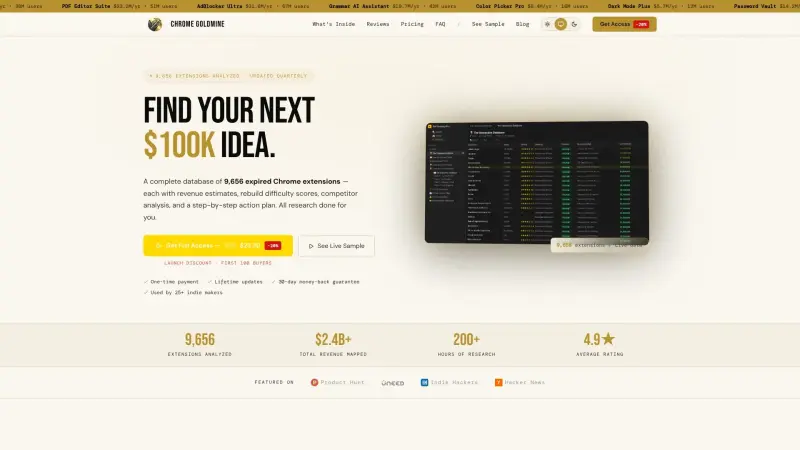 Chrome Goldmine homepage showing Expired Chrome extensions to rebuild