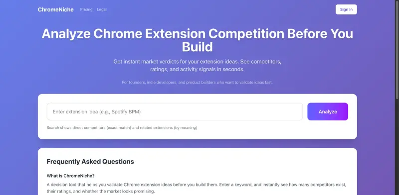 ChromeNiche homepage showing Get instant market verdicts. Analyze competitors, install counts, and ratings
