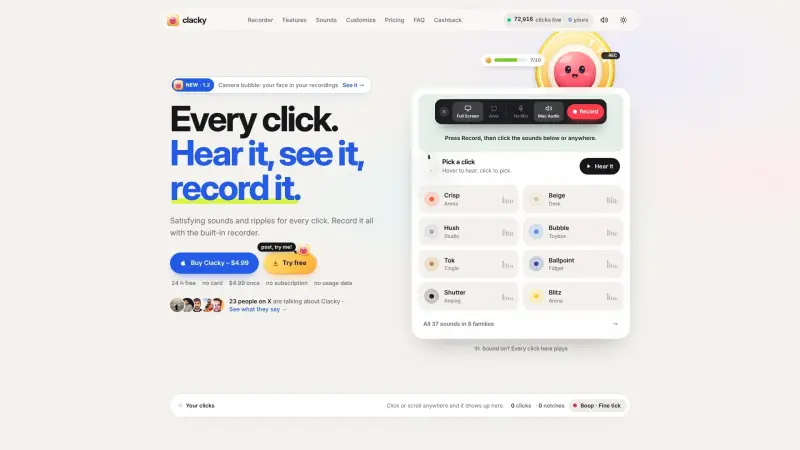 Clacky homepage showing Visualize Mac mouse clicks with satisfying sounds and ripples