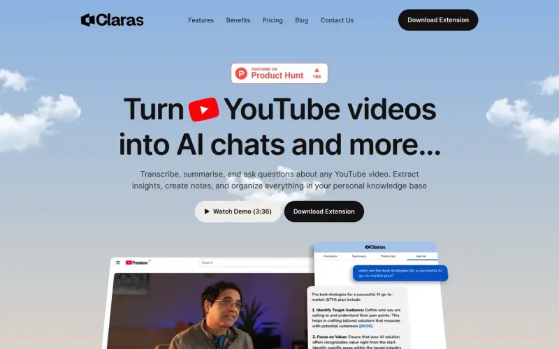 Claras homepage screenshot - Unlock YouTube video insights with instant AI transcripts
