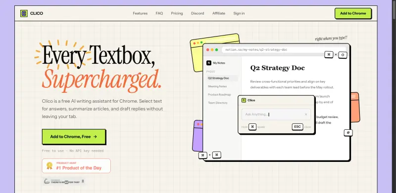 Clico homepage showing Supercharge your writing with instant summaries, answers, and drafts, all