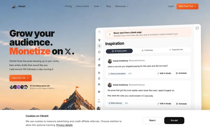 ClimbX homepage showing Consistency Made Easy: AI-Powered Content Creation for X