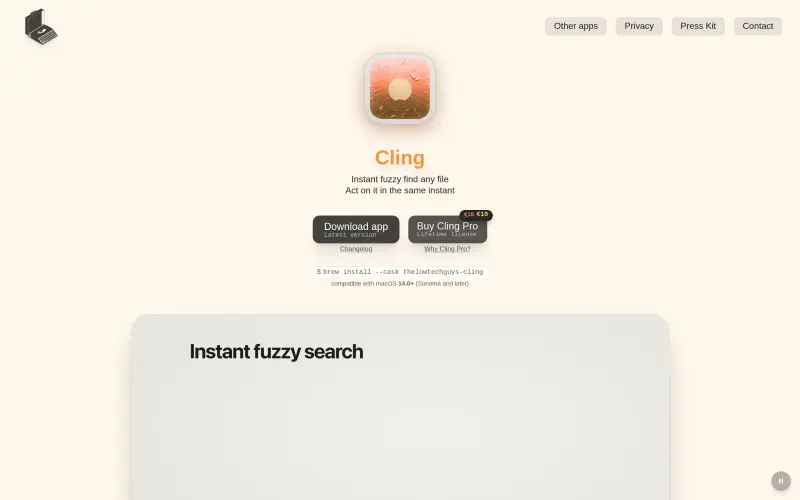 Cling - Instant fuzzy find any file, act on it in the same instant homepage showing Cling for Mac power users: instant fuzzy file search with actions
