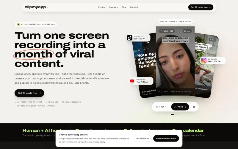 Clipmyapp homepage showing Turn app screen recordings into TikTok, Reels, and Shorts content