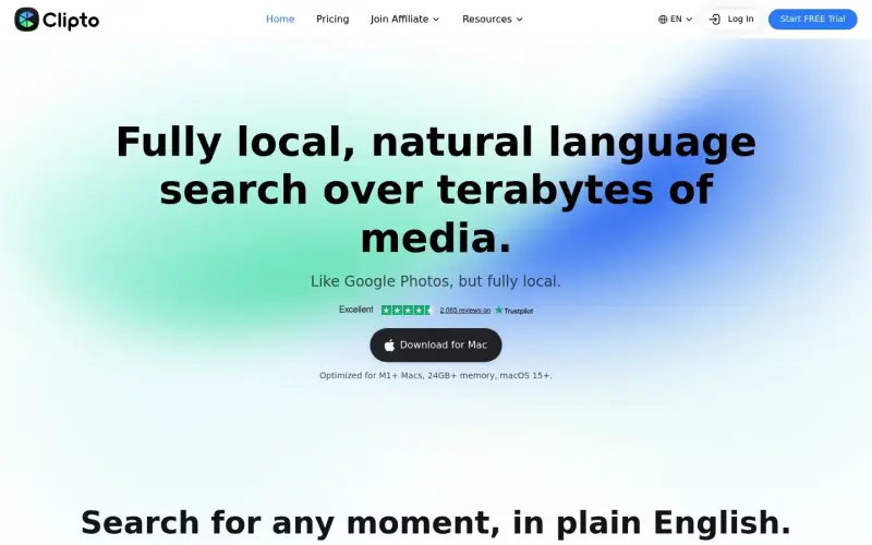 Clipto homepage showing Find exact moments in massive video libraries instantly just