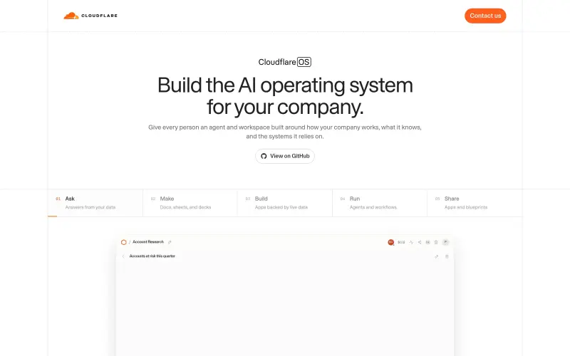 Cloudflare OS homepage showing Create your company's AI operating system