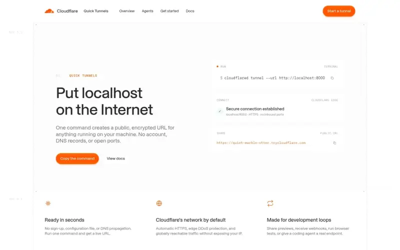 Cloudflare Quick Tunnels homepage showing Encrypt localhost access with secure, outbound-only Cloudflare tunnels