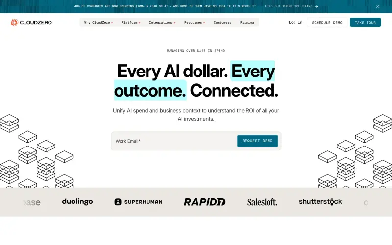CloudZero: The AI ROI Company homepage showing Unify AI spend and outcomes