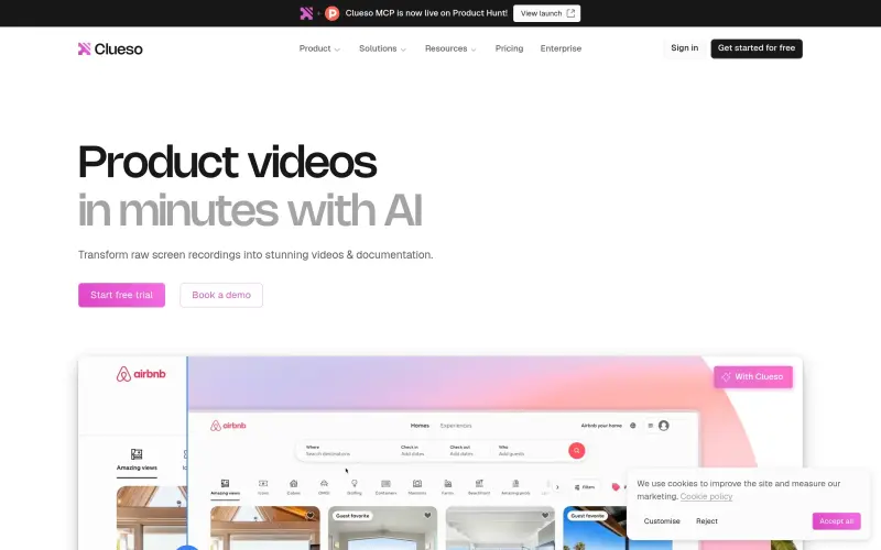 Clueso homepage showing Transform screen recordings into AI-powered product videos