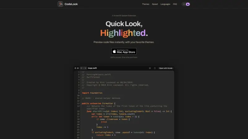 CodeLook homepage showing Preview code files instantly with 700+ themes in a quick-look extension on macOS