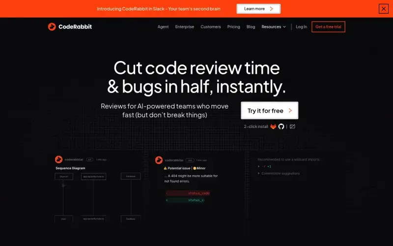 CodeRabbit homepage showing Automated code reviews with line
