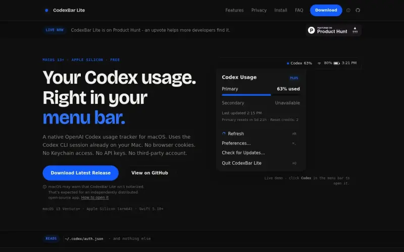 CodexBar Lite homepage showing OpenAI Codex usage on macOS menu bar tracking