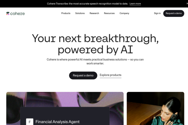 Cohere homepage showing helps enterprises streamline processes and empower employees