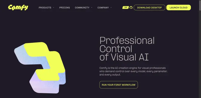 Comfy homepage showing Control every aspect of visual AI