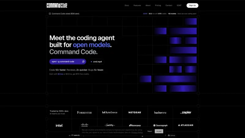 Command Code homepage showing Unlock Efficient Coding with Open Model Expertise
