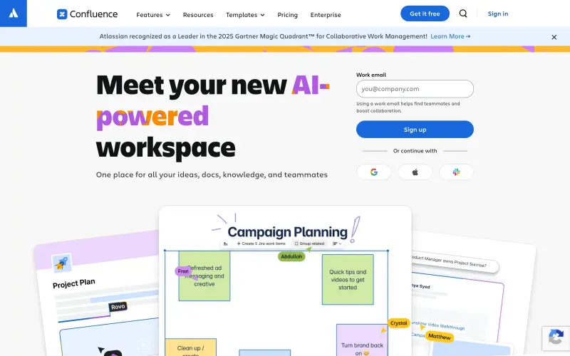 Confluence homepage screenshot - Unite teams with AI-driven workspaces for knowledge sharing and collaboration