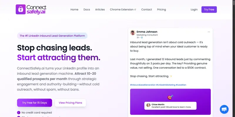 ConnectSafely.ai homepage showing Generate 10-20 qualified B2B leads per month through strategic engagement