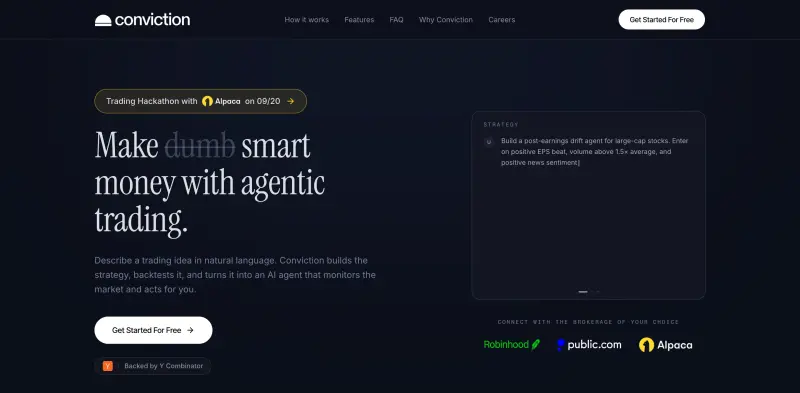 Conviction homepage showing Backtest trading ideas with natural language and AI-powered execution