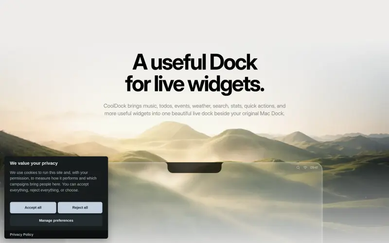 CoolDock homepage showing Second Dock for live widgets, designed for macOS Sonoma users